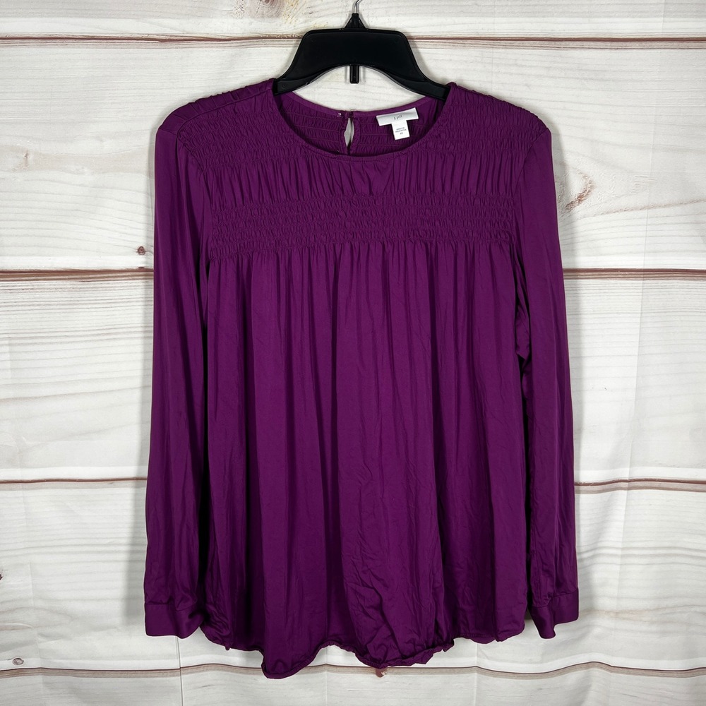 J.Jill Smocked Blouse Womens XS Purple Solid Long Sleeve Top Flowy Relaxed Fit